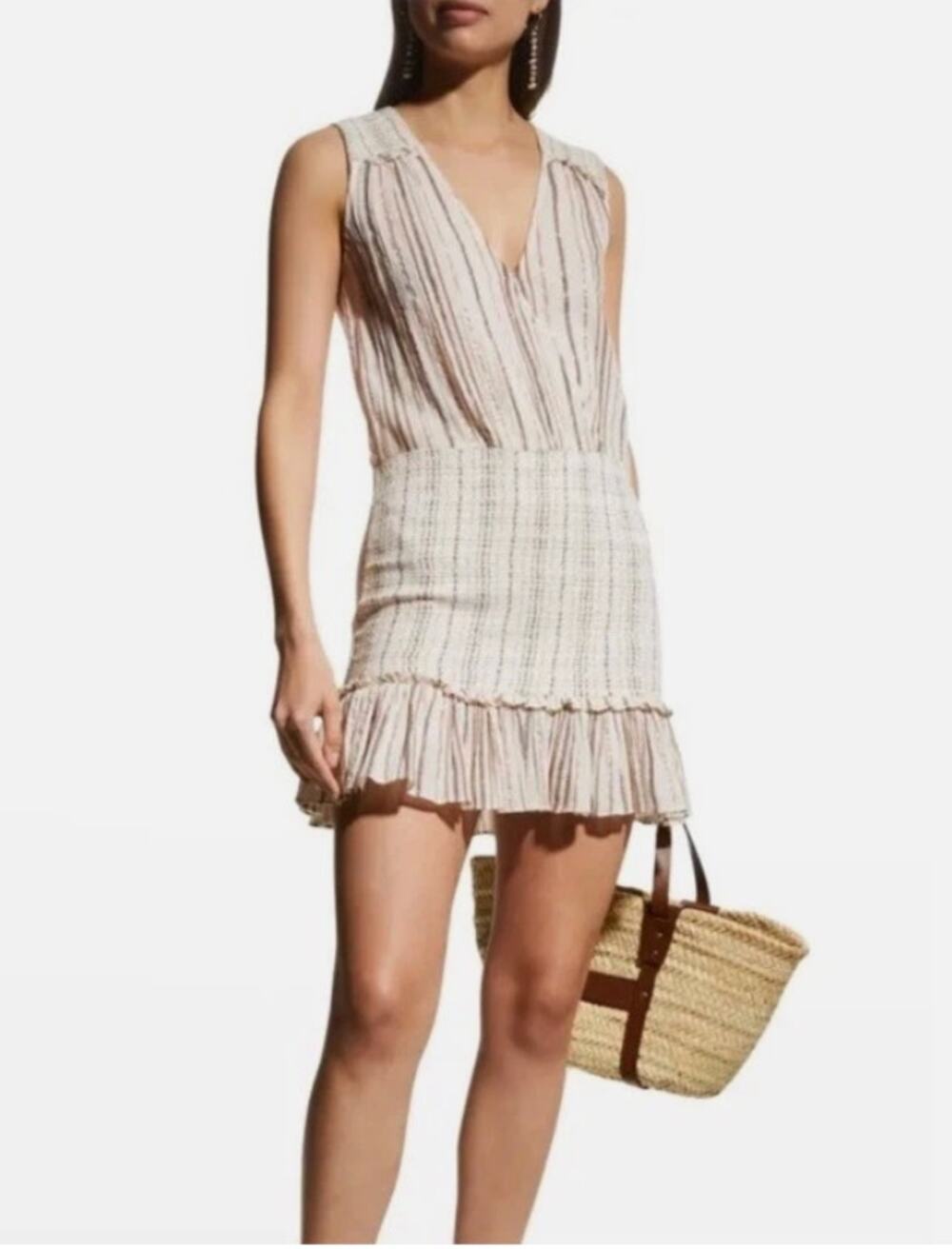 Veronica Beard Medium Cox Smocked Striped Mini Dress Beige Rose Gold Boho Chic